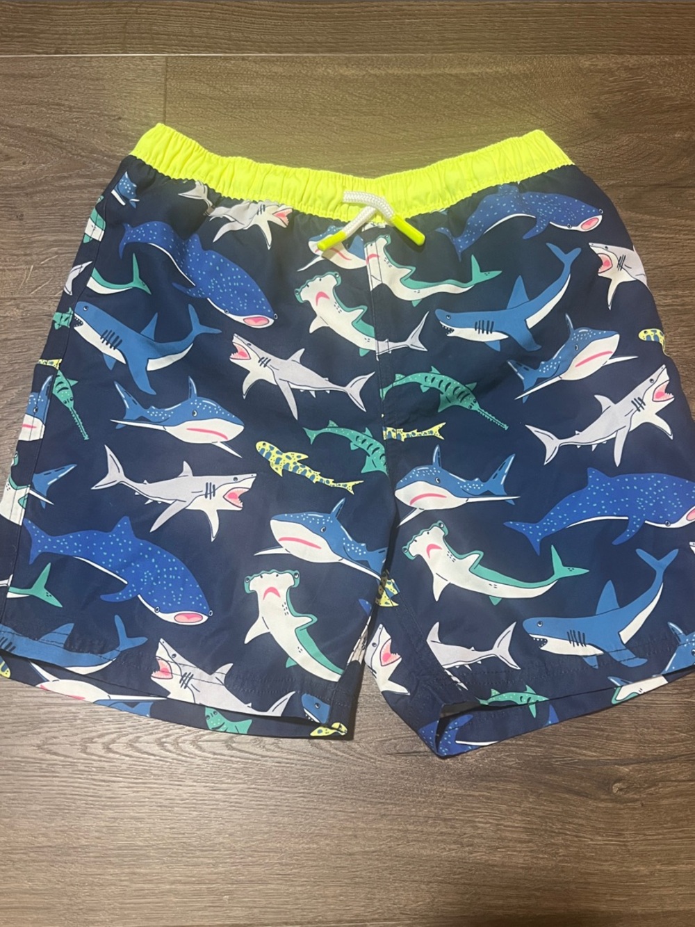 Mini Boden Boys Shark Print Swim Trunks - Navy with Neon Yellow Waistband